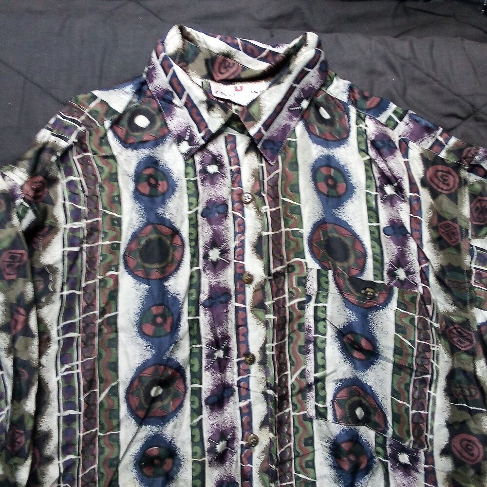Vintage Stunt Collections Silk Abstract Geometric Button Shirt